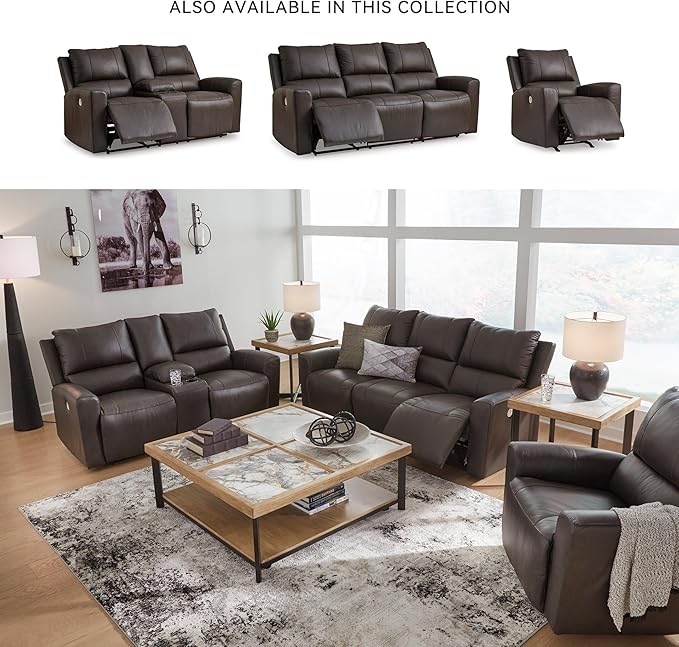 Signature Design by Ashley Boxmere Modern Leather Match Power Reclining Loveseat with Console and USB Ports, Dark Brown