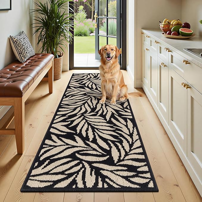 Ileading Hallway Runner Rug 2x6ft Kitchen Floor Mat Modern Leaves Non Slip Throw Rugs Busy Traffic Extended Indoor Doormat Machine Washable Accent Carpet for Laundry Bedroom(Black) by Ileading