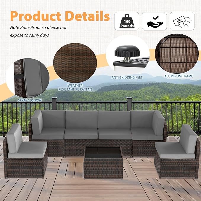 AECOJOY 7 Piece Outdoor Patio Furniture Set, Outdoor Sectional Conversation Furniture Chair with Coffee Table,Patio Sectional for Garden,Backyard(Dark Grey Cushions and Brown PE Rattan)