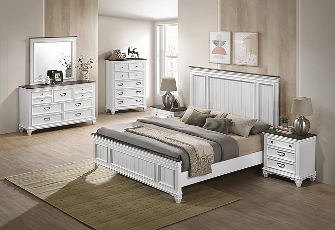 Clelane Wood Bedroom Set with Shiplap Panel Queen Bed, Dresser, Mirror, Two Nightstands, and Chest in Weathered White and Dark Gray