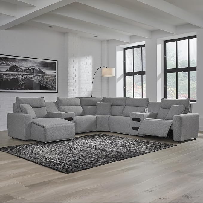 Signature Design by Ashley Modern ModMax II Stain Resistant U-Shape Right-Arm Facing 7-Piece Power Reclining Sectional with Chaise and Adjustable Headrest, Gray