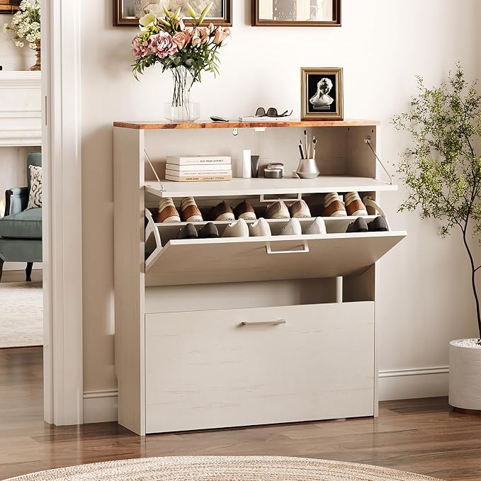VINGLI Set of 2 Rustic White Shoe Cabinet for Entryway, 2-Pack 31.5" W Extra Wide Slim Shoe Organizer with Vintage Brown Top, Modern Farmhouse Wood Shoes Rack, Narrow Freestanding Cabinet for Hallway - Image 4