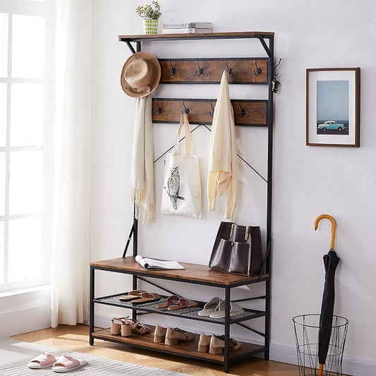 3-in-1 Entryway Coat Rack,Vintage Industrial Hall Tree 72 Inch with Storage Bench and Coat Racks Entryway Storage Shelf Organizer with 9 Hooks， Large Size, Wood Look Accent Furniture with Metal Frame by MasterofSpaceOptimization