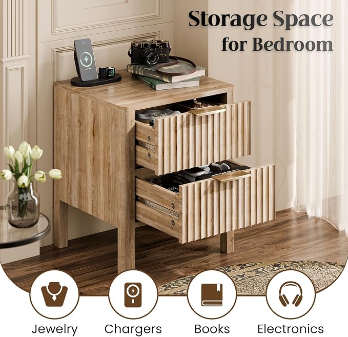 MODNEST 18" Fluted Nightstands Set of 2, Bed Side Tables with Drawers for Bedroom Mid Century Modern Night Stand Wood Nightstand Small End Table Bedroom Set, Oak - Image 6