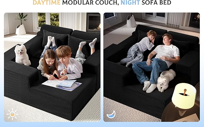 Homguava Modular Sectional Couches for Living Room,105" Cloud Couch with L-Shape Chaise,Comfy Sofa Living Room Sofas with Deep Seat,No Assembly L Couch,Corduroy Fabric(Black,L)
