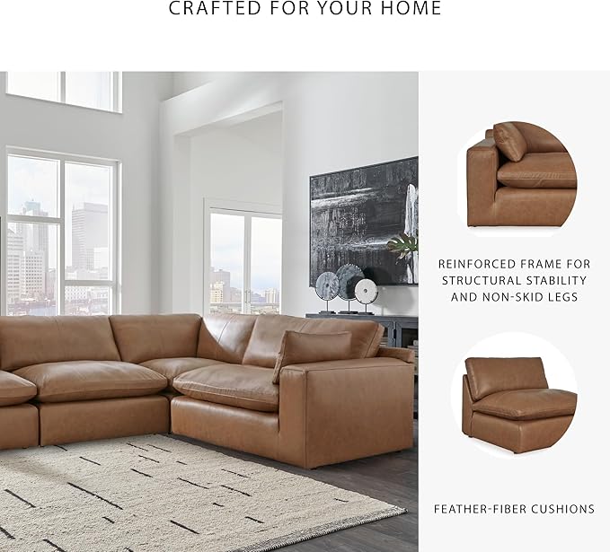 Signature Design by Ashley Emilia Modern L-Shaped Leather Match Modular Anti Sag 4-Piece Sectional with Loose Back Cushions and 2 Bolster Pillows, Orange