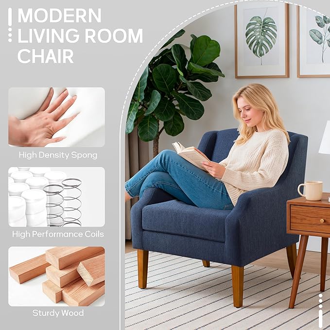 Accent Chair for Living Room,No Assembly Upholstered Mid Century Modern Comfy Tufted Armchairs with Wooden Legs,Sofa Chairs for Bedroom, Reading Waiting Room Apartment Dark Blue