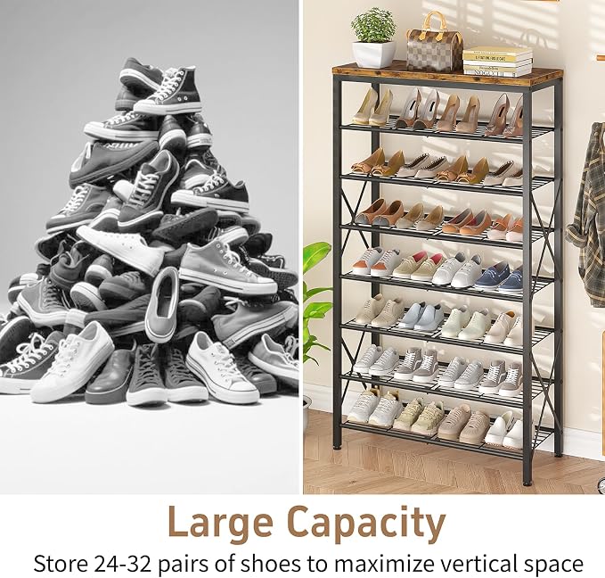 8-Tier Metal Shoe Rack for 32 Pairs, Heavy-Duty Shoe Organizer with Rustic Wooden Top, Space-Saving Entryway Shoe Storage for Closet, Garage, Hallway, Bedroom, Black & Rustic Brown - Image 8