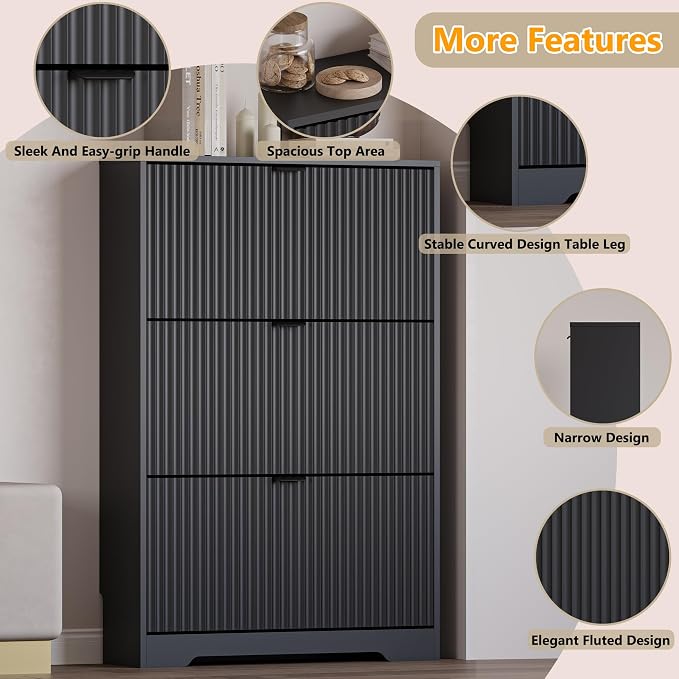 BORNOON Entryway Shoe Cabinet with 3 Flip Drawers, Narrow Shoe Organizer Cabinet with Fluted Panel and Adjustable Shelves for Foyer, Hallway - Image 4