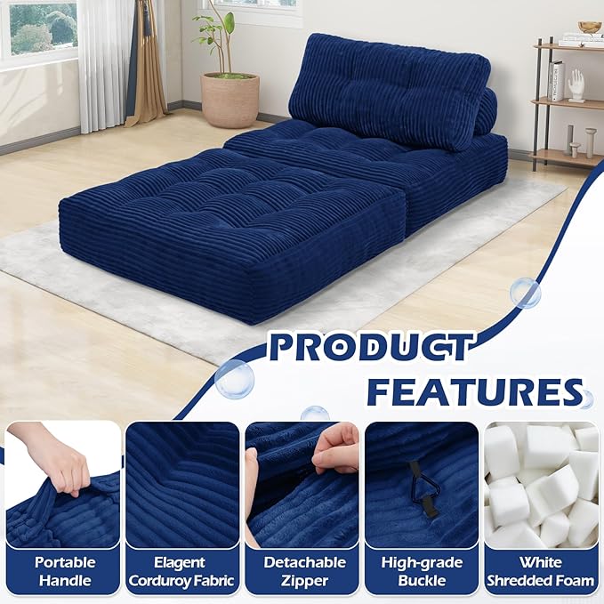 Folding Sofa Bed, Convertible Sleeper Chair with Pillow & Handle, Foldable Mattress Futon Chair Bed Lounge with Back Support, Comfy Floor Sofa for Living Room Bedroom, NavyBlue, Single