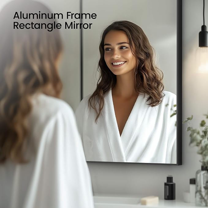 KIBI 36" x 30" Shatterproof Wall Mount Metal Frame Mirror – Horizontal or Vertical Hanging, Modern Rectangular Vanity Mirror for Bathroom, Entryway, or Living Room (Matte Black, FM1-3630MB) - Image 4