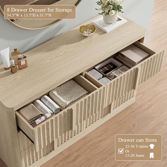 YANSNWO Fluted Dresser for Bedroom, 47" Wide 6 Drawer Dresser, Curved Profile Design, Modern Chest of Drawers with Solid Wood Handle for Bedroom, Living Room, Hallway, Natural Oak - Image 5