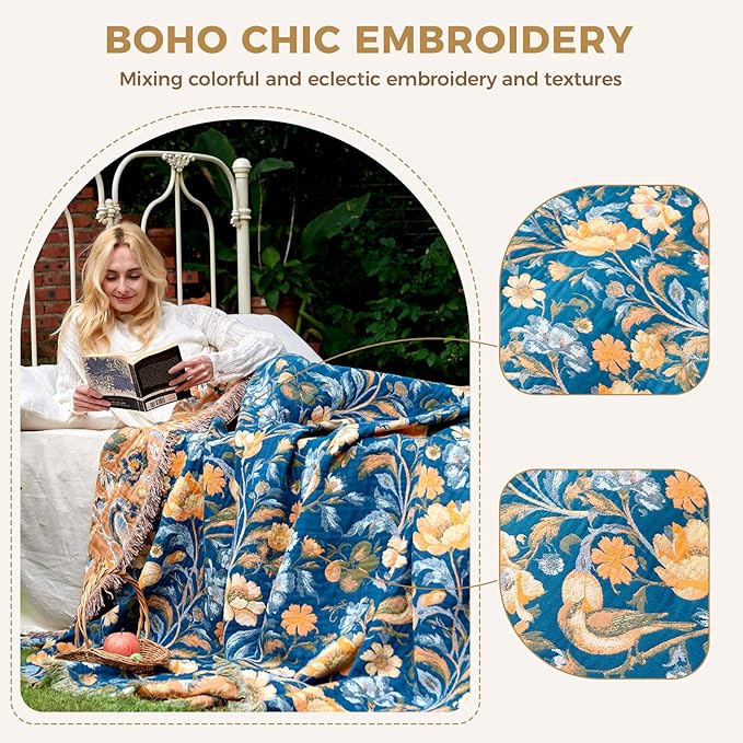 LUTBM Boho Throw Blanket for Couch Sofa Chair Cotton Spring Blankets for Bedroom Living Room All Season Soft Lightweight Reversible Floral Bird Embroidery Decorative Throws 50"x60"
