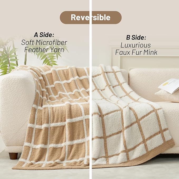 Amélie Home Checkered Knit Throw Blanket for Couch, Super Soft Fuzzy Cozy Throw, Giftable Knitted Blanket for Women Men, Birthday, Sofa Bed Living Room Decor, 50" x 60", Plaid Beige