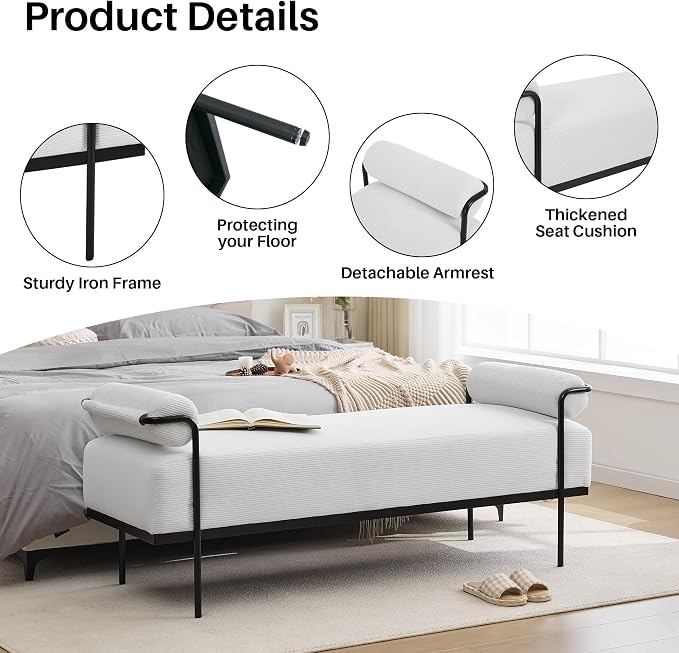 SOFTHION Entryway Bench End of Bed Bench 61.2",Modern Upholstered Bench Ottoman,Corduroy Paded Footrest Stool with Metal Legs for Living Room, Foyer Mudroom Hallway,White - Image 5