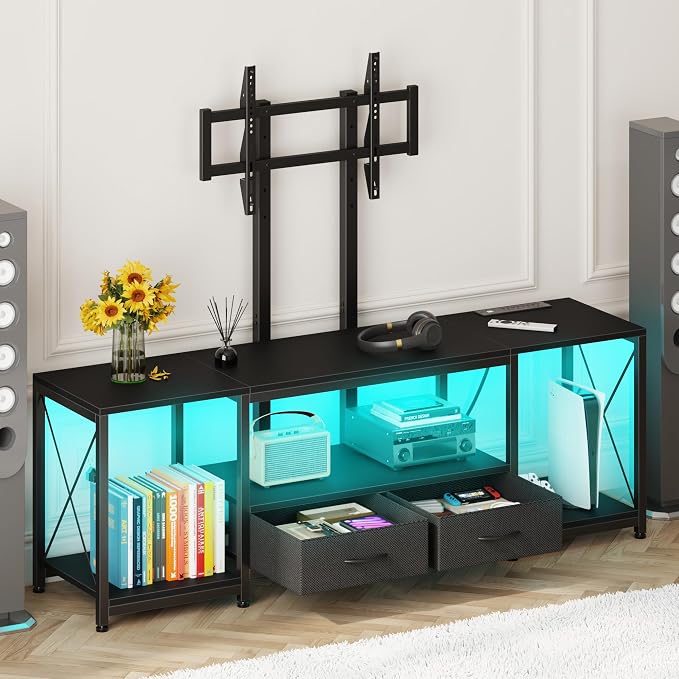 GYIIYUO LED TV Stand with Mount and Power Outlet & Fabric Drawers for 32-85 Inches TV - Entertainment Center and Industrial TV Console Table for Living Room, Bedroom- 47" Black by GYIIYUO