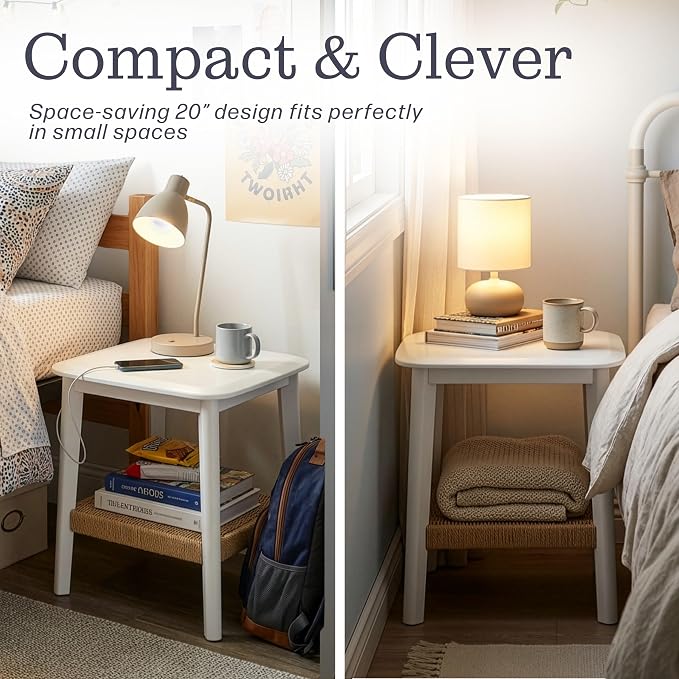 Alaterre Furniture Calais 2-Tier Small End Table with Woven Storage Shelf – Set of 2 Mid Century Modern Wooden Nightstand or Side Table for Small Spaces, Living Room & Bedroom (White) - Image 6