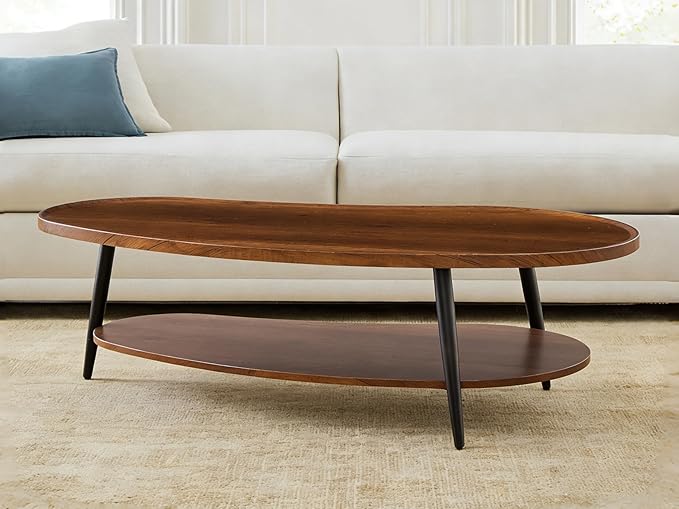 Shrine Mango-Shaped Wood Coffee Table, Mid-Century Modern Coffee Table, Brown Walnut Table for Living Room, D47.2''x W25''x H15.3'', Sleek Conical Metal Legs with Black Finish