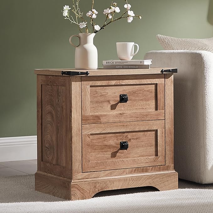 T4TREAM 24" Farmhouse Nightstand with Charging Station, Large End Table with 2 Storage Drawers, Rustic Wood Sofa Bedside Table for Bedroom, Light Knotty Oak - Image 3