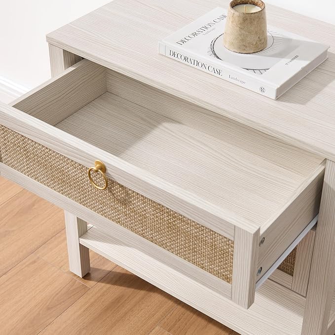 SICOTAS 26.7" Wide Boho Rattan Nightstand, White Oak Bedside Table with 2 Drawers & Open Shelf, Large Side Table for King Size Bed, Modern Coastal Accent Table for Bedroom - Image 8
