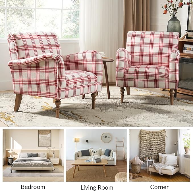 HULALA HOME Modern Accent Chair with Arms and Wooden Legs, Comfy Upholstered Armchair for Bedroom Living Room, (Plaid Pattern, Red)