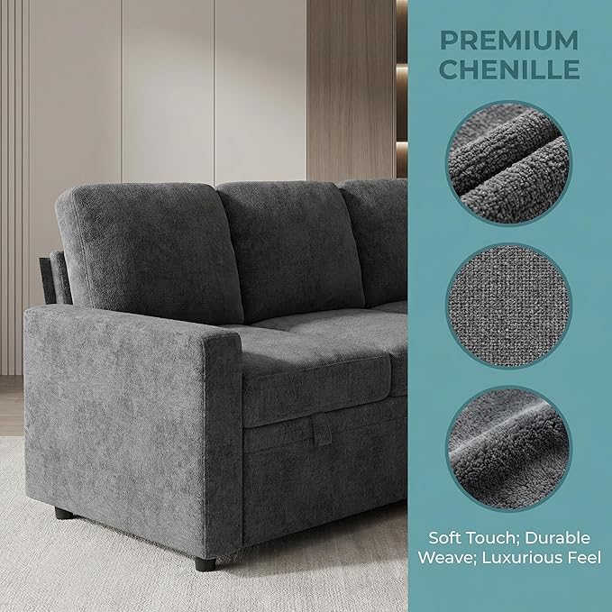 5-Seater Large Sectional Couch with Pull Out Bed, L Shaped Chenille Sofa with Storage, Convertible Modular Sofa, for Living Room, Apartment, Gray