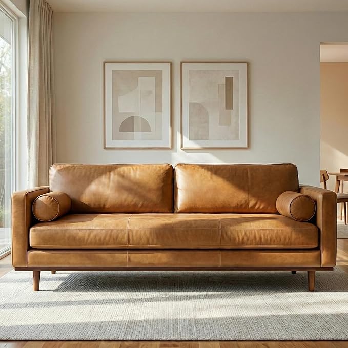 SIMPLIHOME Morrison 89-inch Wide Sofa in Sienna Top Grain Genuine Leather, Mid-Century Modern Design Couch for Living Room, Single Bench Cushion, 2 Back Cushions, 2 Bolster Pillows