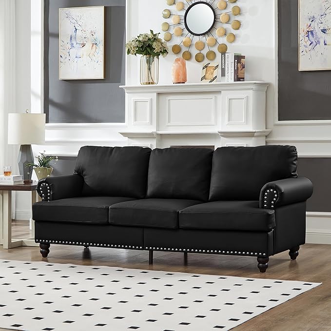 2 Pieses Living Room Sofa Sets Faux Leather Couch and Loveseat with Nailhead Decor, Soild Wood Legs, Rolled Armrests & Storage ,2PCS Sofas 3 Seaters Couch and Love Seat for Living Room Furniture Sets