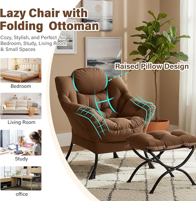 Furlide Lazy Chair with Ottoman, Modern Accent Chairs with Folding Footrest, Dark Brown Sofa Chair Set, Comfortable Reading Chairs, Oversized Armchairs for Bedroom, Study, Living Room, Courtyard