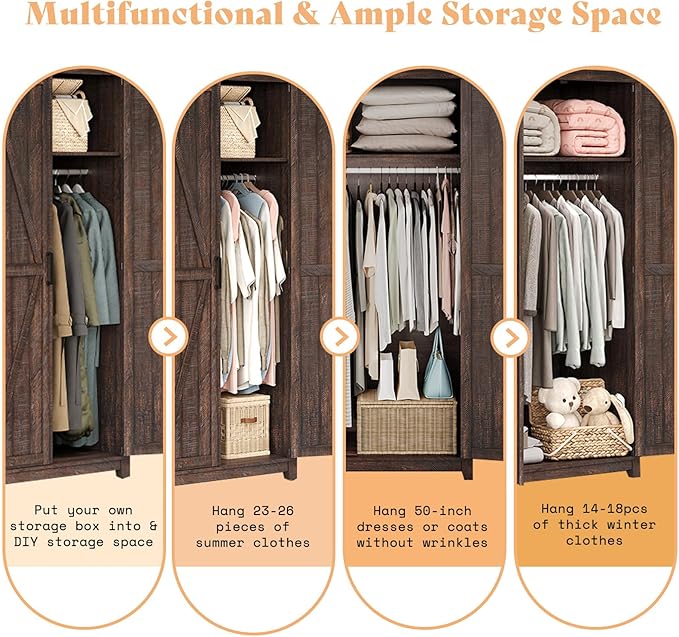 LUXOAK 70" Large Armoire Wardrobe Closet with Hanging Rod, Farmhouse Clothing Storage Cabinet with 2 Barn Doors, Wooden Tall Bedroom Armoires with Shelf, Espresso
