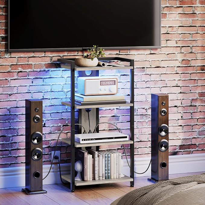 HOOBRO 4-Tier AV Media Stand, Media Console with Charging Station and LED Light, Wooden Stereo Cabinet, Corner TV Stand, Record Player, Entertainment Device Stand, BG38UDCJ01 - Image 5