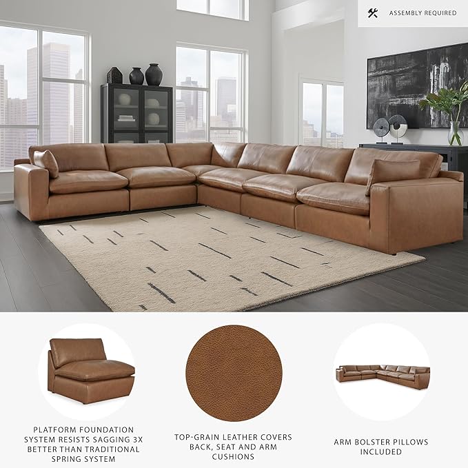 Signature Design by Ashley Emilia Modern L-Shaped Leather Match Modular Anti Sag 6-Piece Sectional with Loose Back Cushions and 2 Bolster Pillows, Orange