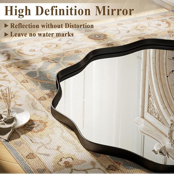 VooBang Black Scalloped Circle Mirror, 36" Wavy Edge Round Wall Mirror with Tempered Glass Textured Circular Metal Deep Frame, Hanging Leaning for Bathroom, Hallway, Entryway, Livng Room - Image 2