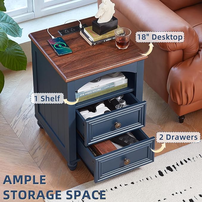 RWYHG 18" Farmhouse Night Stand Set of 2 with Charging Station, Wood Blue Nightstand with 2 Drawers, Bedside End Table with Shelf Storage, Bed Side Tables for Bedroom, Living Room, and Closet - Image 8