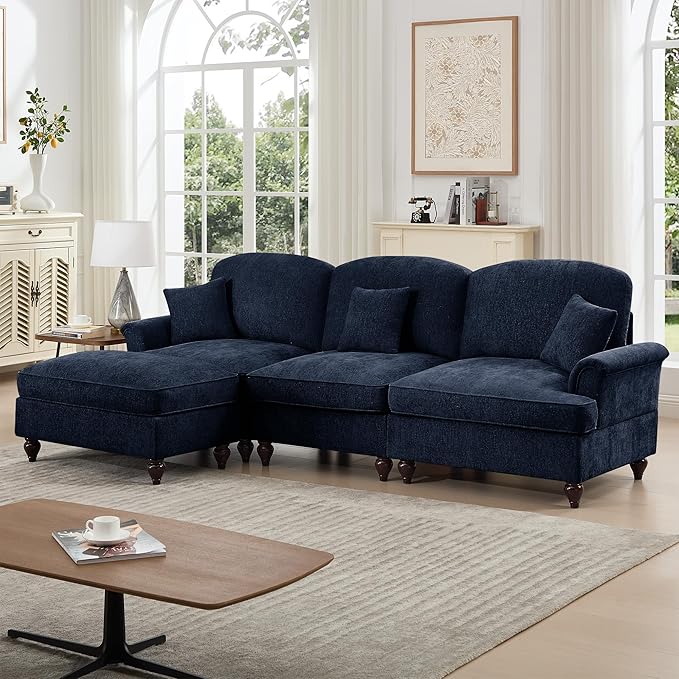 KEIKI Mid Century Modular Sofa with Flared Arms and Skirted Design, 107” Oversized 3-Seater with Ottoman Luxury Chenille L-Shaped Sectional Couches for Living Room, Chaise Lounge Indoor, Blue