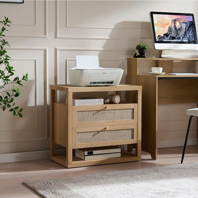 VividVibe Natural Oak Night Stand Set 2, Nightstand with Drawers and Storage Shelf - Rattan Boho Bedside Tables Large Nightstands Wooden Bed Side Table, Modern Farmhouse Accent Rustic End Table - Image 9