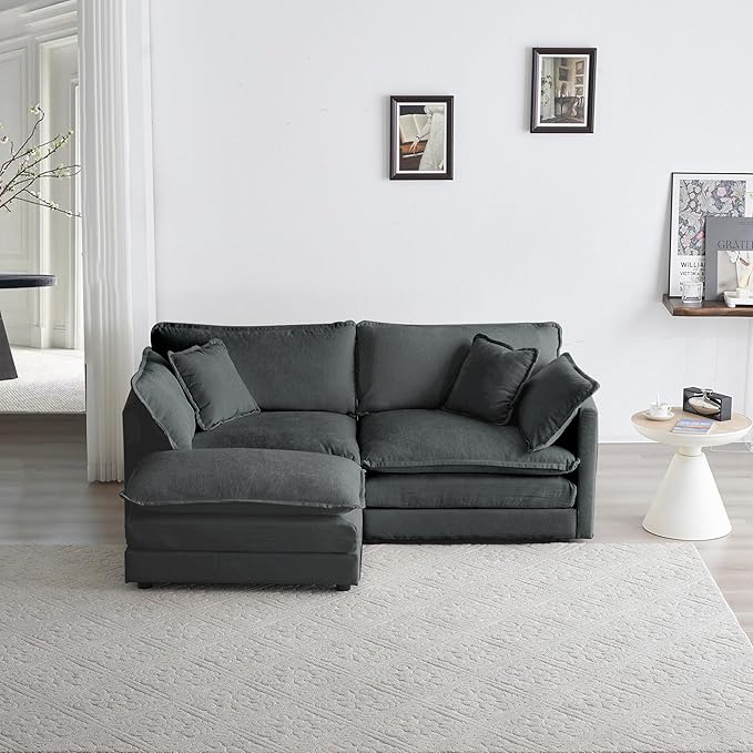 KEIKI Loveseat Sofa, Upholstered 2 Seater Couch with 1 Footrest, Oversized L-Shaped Sectional Sofa with Ottoman for Living Room Bedroom Office, Gray