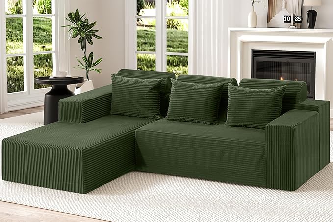 Homguava Modular Sectional Couches for Living Room,105" Cloud Couch with L-Shape Chaise,Comfy Sofa Living Room Sofas with Deep Seat,No Assembly L Couch,Corduroy Fabric(Green,L)