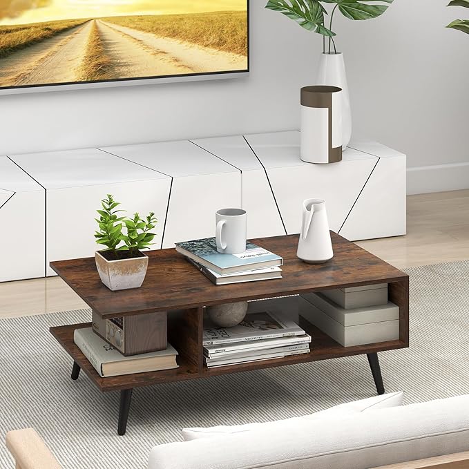 Giantex Coffee Table with Storage, Mid Century Modern Center Table for Living Room, Rectangle Tea Table with Open Storage Shelf & Floor-Anti-Scratching Tapered Metal Legs, Rustic Brown (Rustic Brown)