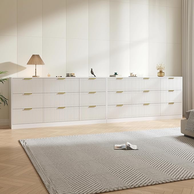 White Dresser Set of 2, Long Dresser for Bedroom Wooden with 18 Drawers, Fluted Modern Bedroom Furniture Set, TV Stand Dressers & Chests of Drawers for Closet (15.7"D x 125.8"W x 31.8"H)
