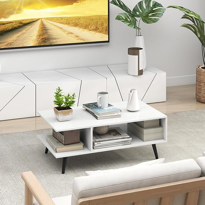 Giantex Coffee Table with Storage, Mid Century Modern Center Table for Living Room, Rectangle Tea Table with Open Storage Shelf & Floor-Anti-Scratching Tapered Metal Legs, Rustic Brown (White)