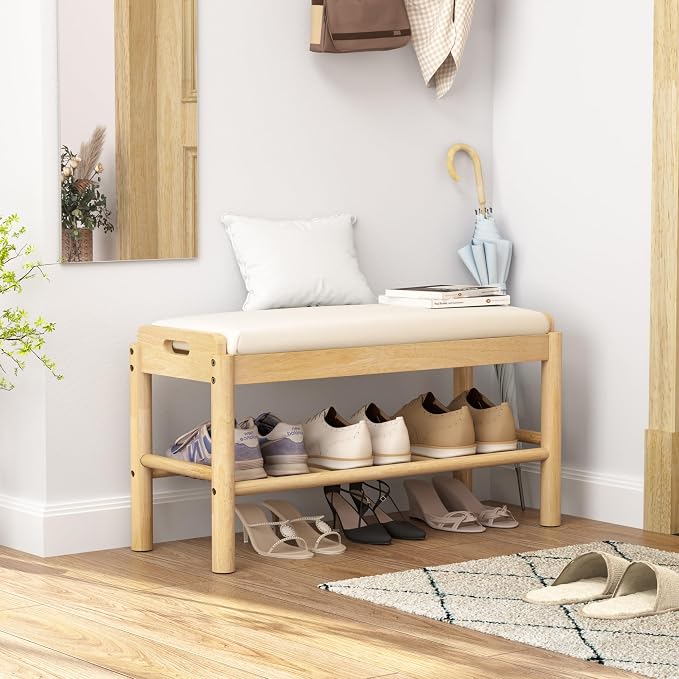 Entryway Shoe Storage Bench, 2-Tier Wood Shoe Rack with Cushion, Padded Seat Entryway Organizer with Shelf & Hidden Storage for Entry, Hallway, Living Room, Bedroom, Closet (Natural, 31.5") - Image 3