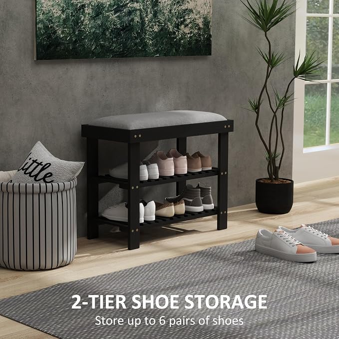 HOMCOM Bamboo Shoe Bench, 3-Tier Entryway Bench with Storage and Cushion, Shoe Organizer for Entryway, Hallway, Holds Up to 331 lbs, 23.6 x 11.4 x 19.3 Inches, Black - Image 5