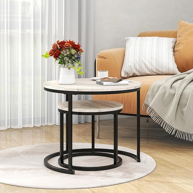 HOJINLINERO Round Coffee Table,Nesting Coffee Table Set of 2,Center Tables for Living Room,Office, Home Small Space,Stacking Side Tables,Sturdy and Easy Assembly,Wood Desktop,Black+White Oak,Small