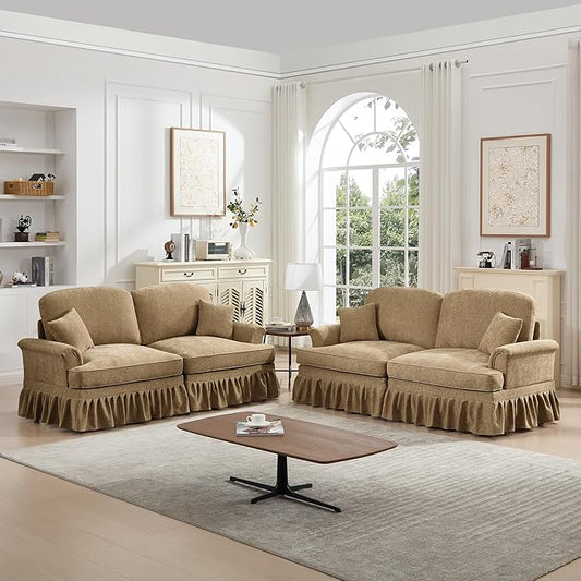 KEIKI Mid Century Modular Sofa with Flared Arms and Skirted Design, 76" Loveseat Chenille Sectional Couches Set for Living Room, Soft Apartment Size Couch, Home Sofa Bedroom Furniture, Light Coffee