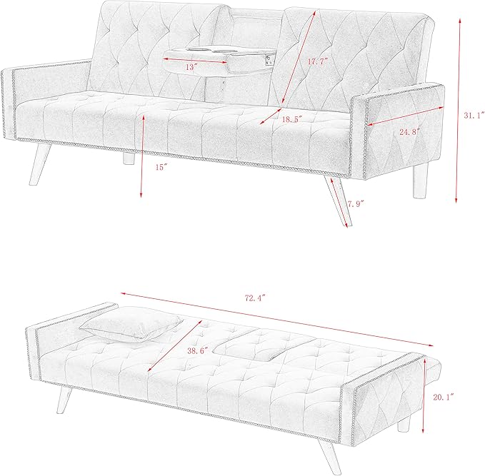 KEIKI 72" Velvet Loveseat Sofa Bed with Nailhead Accents & Tufted Backrest, 3-in-1 Convertible Sleeper with Cup Holders for Small Spaces, Pink