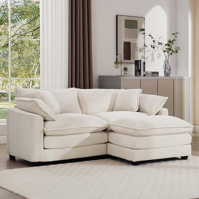 KEIKI 80" L-Shaped Oversized Corduroy Modular Sectional Loveseat Sofa with 1 Ottoman, High-Density Foam Cushions, Removable Armrests, Upholstered 2-Seater Couch with 4 Pillow, for Living Room, Beige