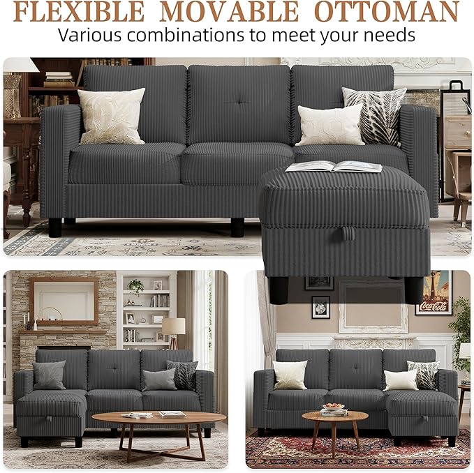 Shintenchi 76" Modern Upholstered Sectional Sofa Couch,L-Shaped Convertible Sofa with Storage Ottoman,Comfy Couches with Side Storage Pockets for Living Room,Dark Gray Corduroy Fabric