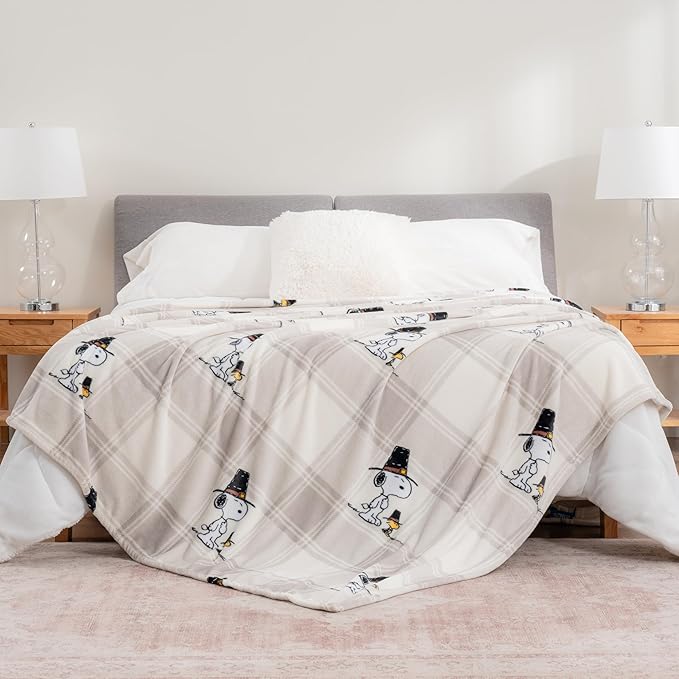 Berkshire Blanket Peanuts® VelvetLoft® Cute Character Snoopy Plush Blanket,Lakeside Plaid Harvest Snoopy and Woodstock Grey,King 90 in x 108 in (Official Peanuts® Product)