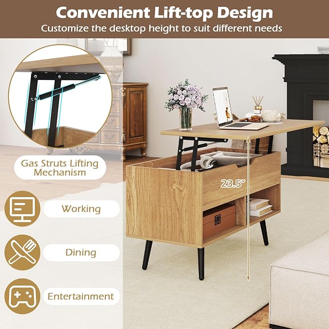 Giantex Lift Top Coffee Table, Modern Cocktail Table w/Hidden Compartment & 2 Open Shelves, Flip Top Center Table, Wooden Pull up Coffee Table for Living Room, Reception Room, Office (Natural)